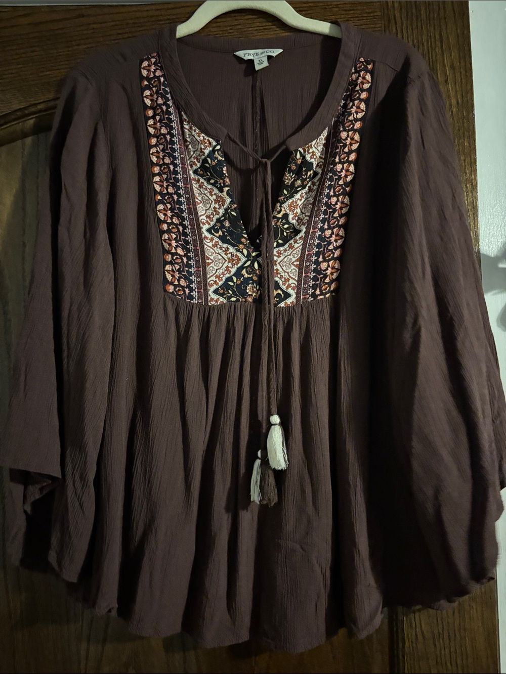 FRYE and CO Boho Peasant Blouse Bell Sleeves Flowy Burgundy/Brow Color Size XL